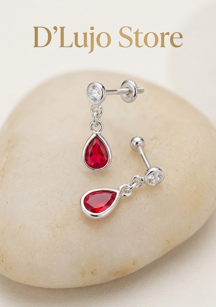 Aretes Elegantes en Gota Rubí  en Plata 925
