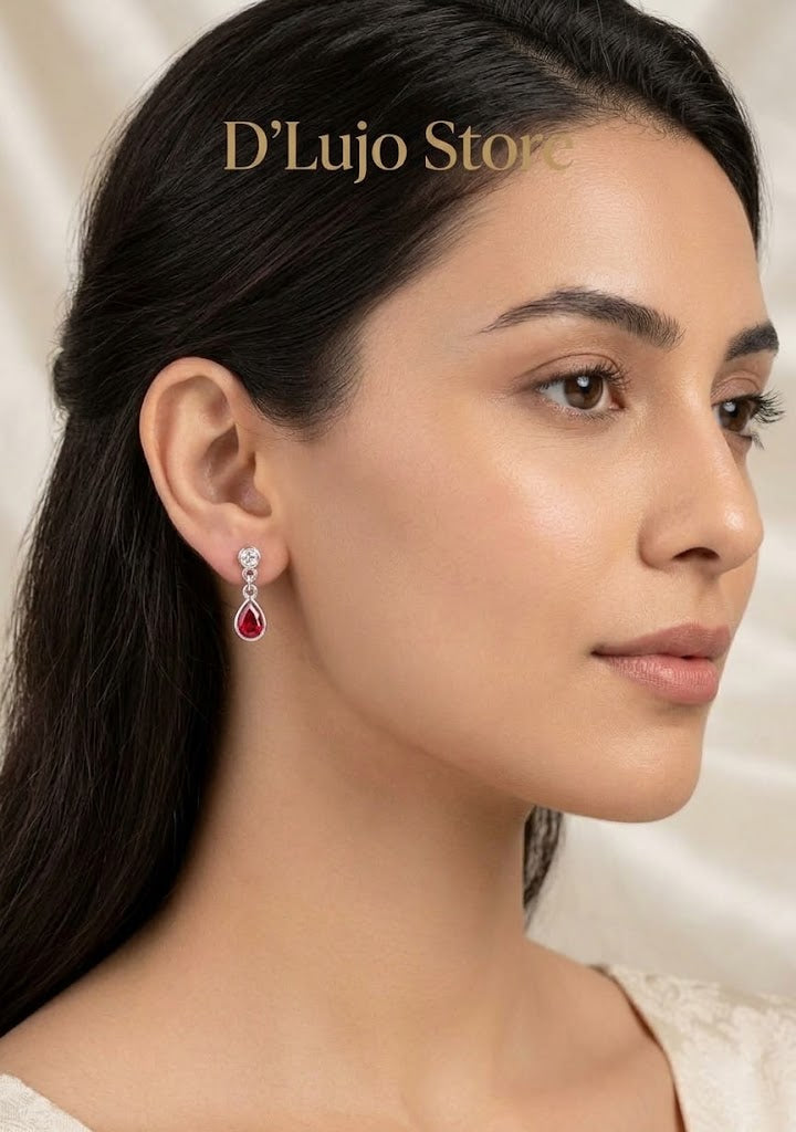 Aretes Elegantes en Gota Rubí  en Plata 925