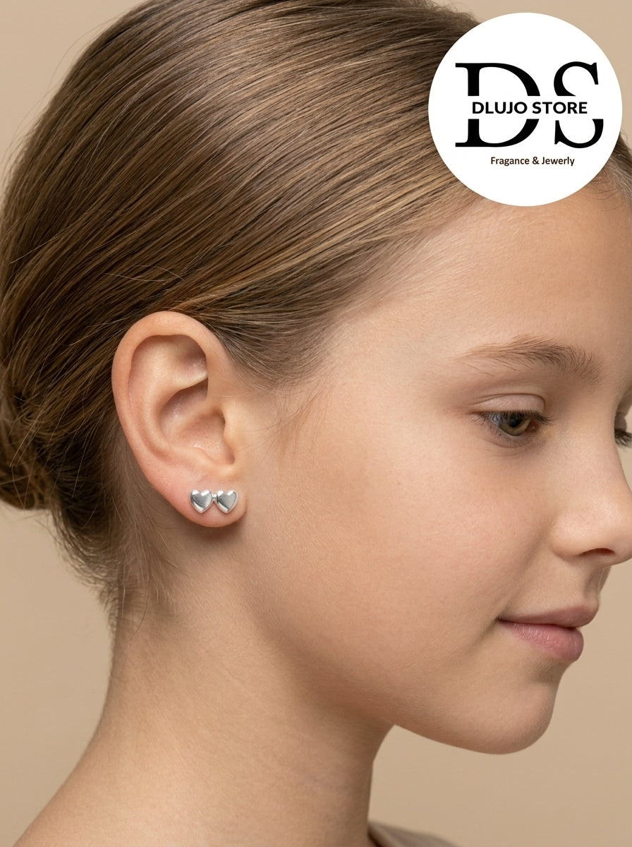 Aretes Broquel Doble Corazón con Cierre de Rosca/Bolita Plata 925