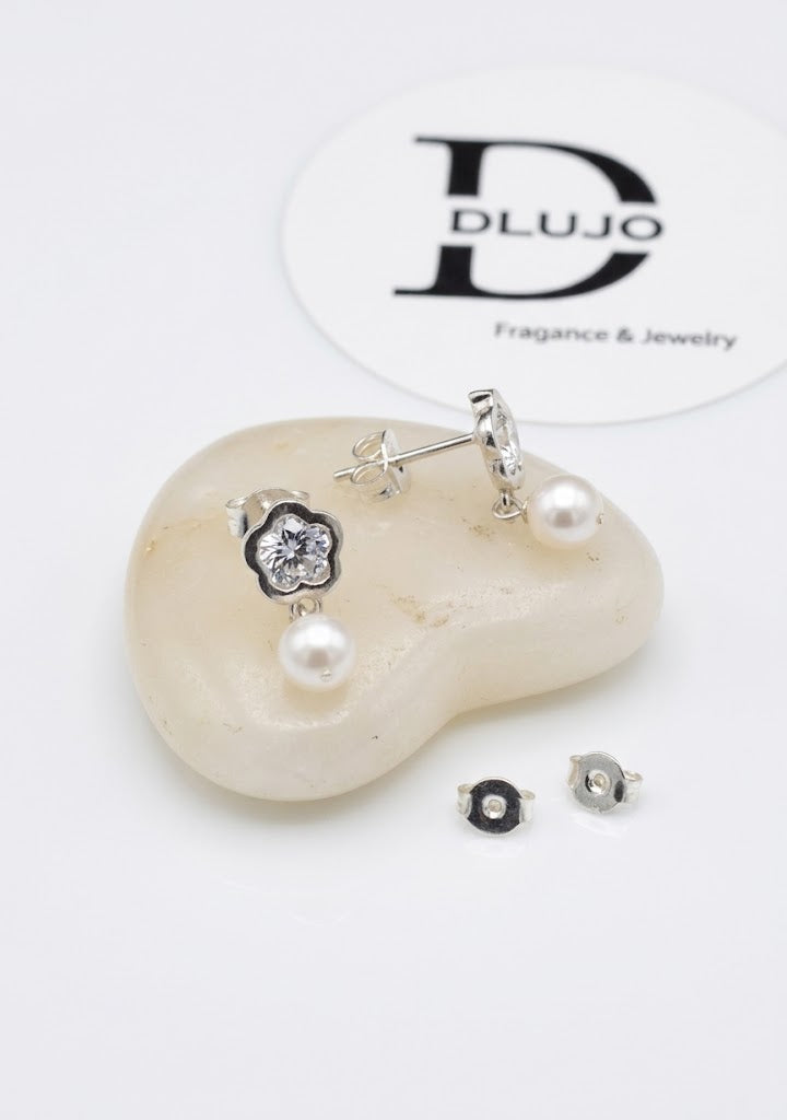 Aretes de Flor Con Circonia y Perla Colgante Plata 925