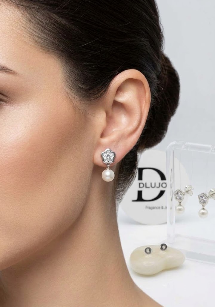 Aretes de Flor Con Circonia y Perla Colgante Plata 925