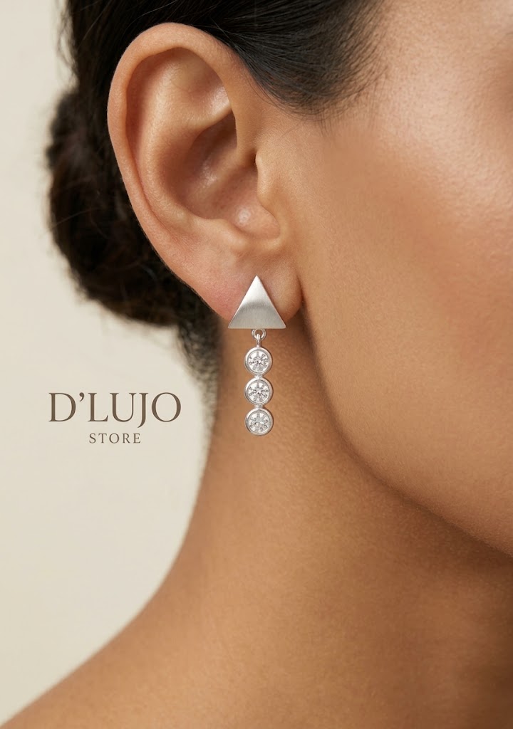 Aretes Geométricos con Triángulo Matizado y Circonias Colgantes Plata 925
