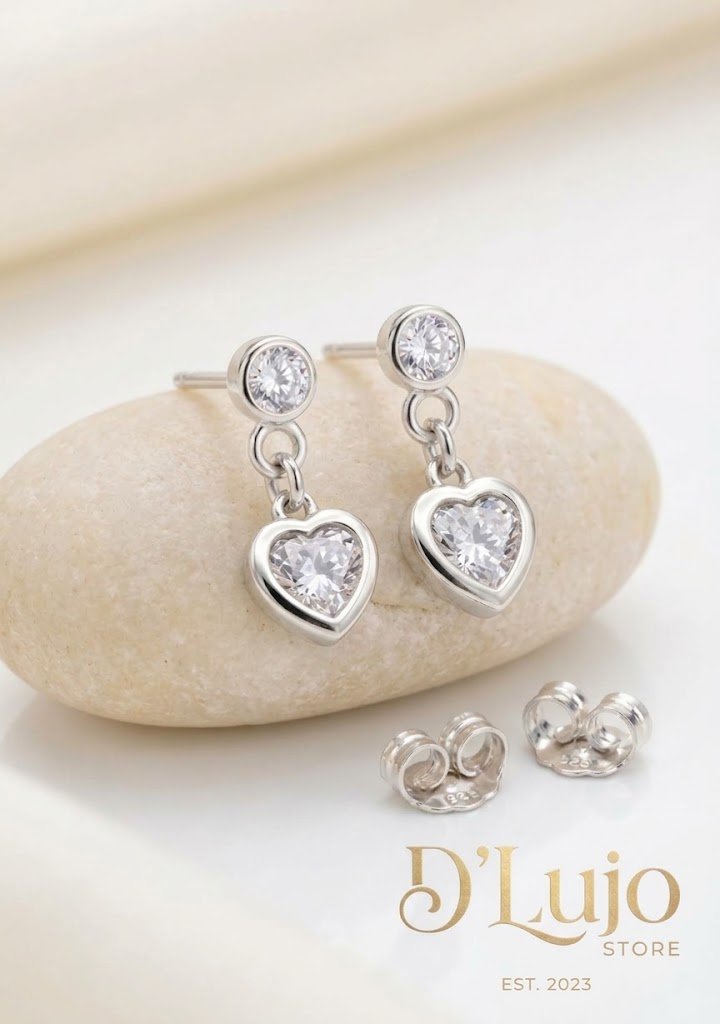 Aretes de Poste Colgantes Modelo Corazón Zirconia en Plata .925