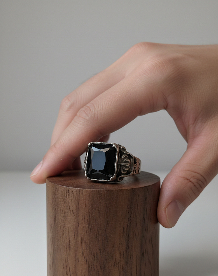 Black Carved Crystal Ring in 925 Sterling Silver