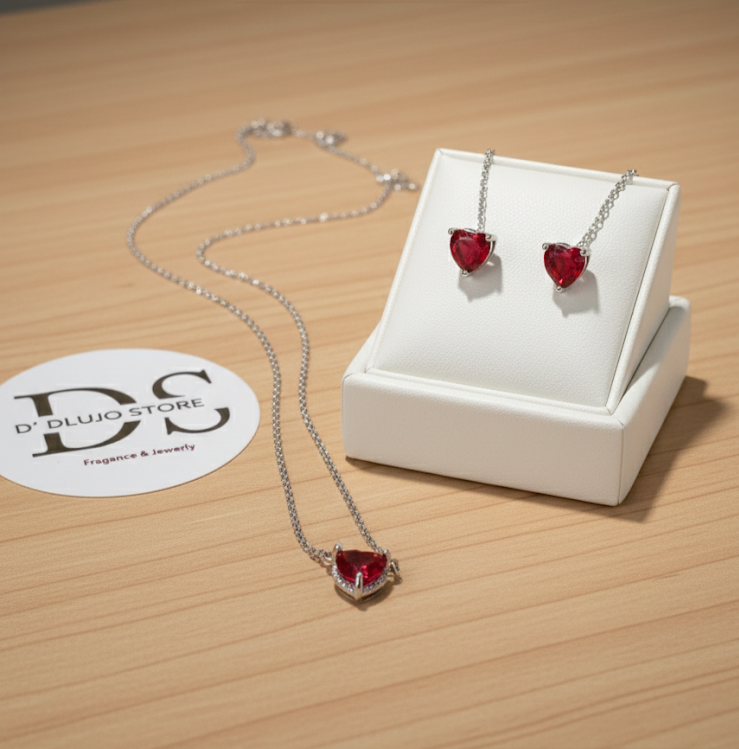 Set de Plata 925 con Corazones en Circonia Roja