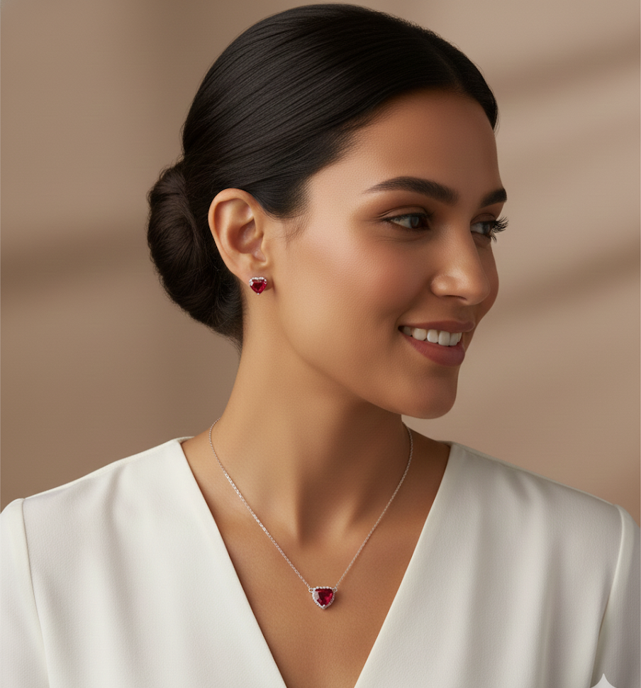 Set de Plata 925 con Corazones en Circonia Roja