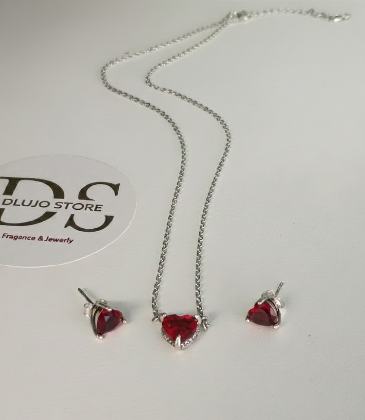 Set de Plata 925 con Corazones en Circonia Roja