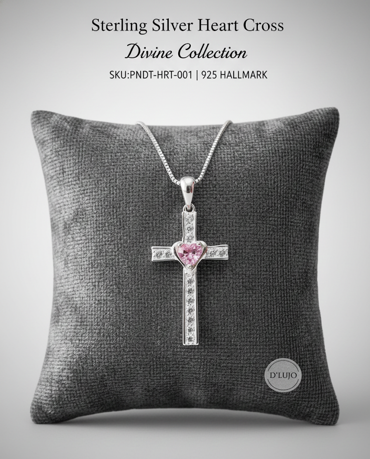 Dije de Cruz “Corazón Radiante” en Plata 925