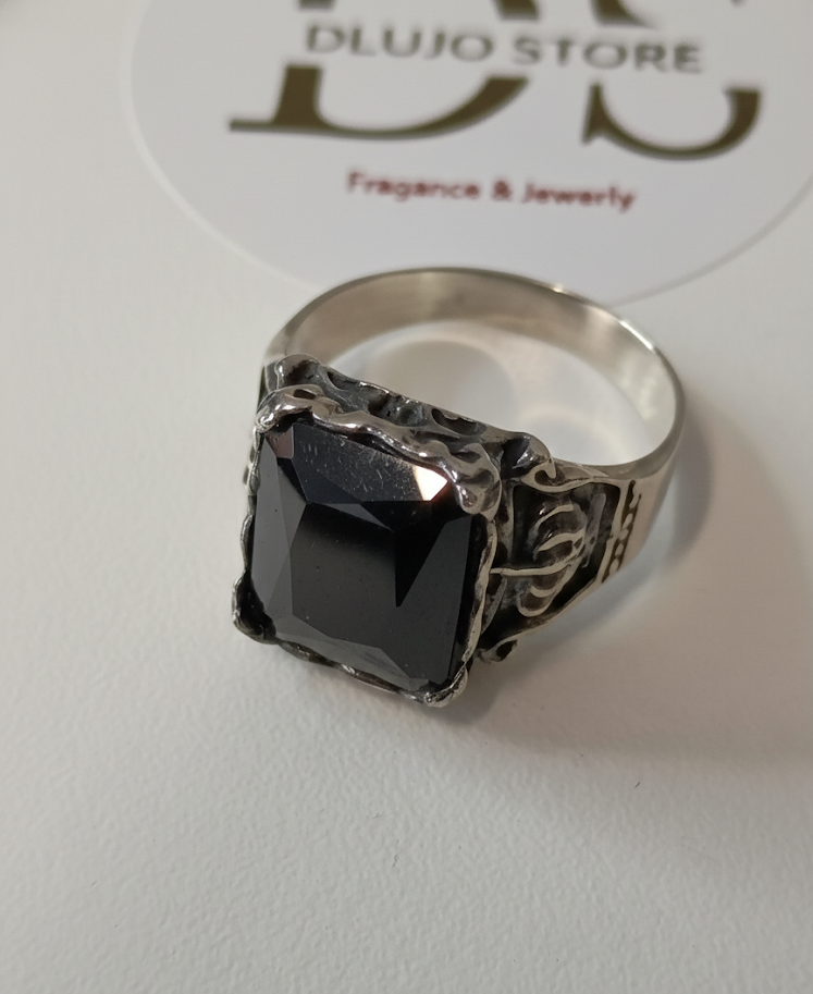 Black Carved Crystal Ring in 925 Sterling Silver