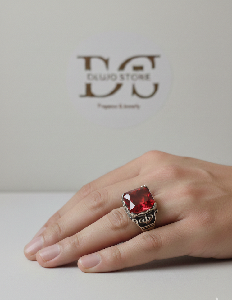 Red Carved Crystal Ring in 925 Sterling Silver