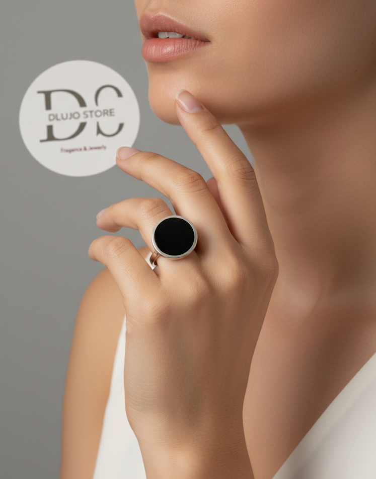 Adjustable “Black Circle” Ring in 925 Sterling Silver