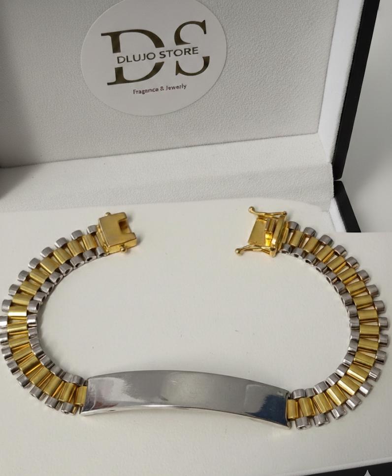 Two-Tone President Style Bracelet in White and Gold Sterling Silver 925