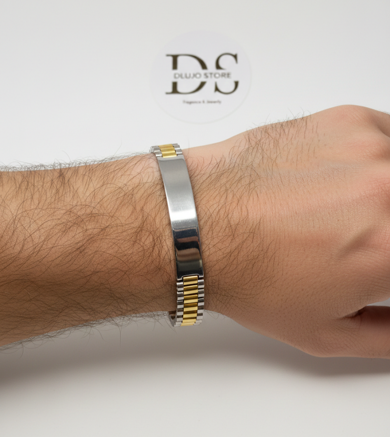 Two-Tone President Style Bracelet in White and Gold Sterling Silver 925