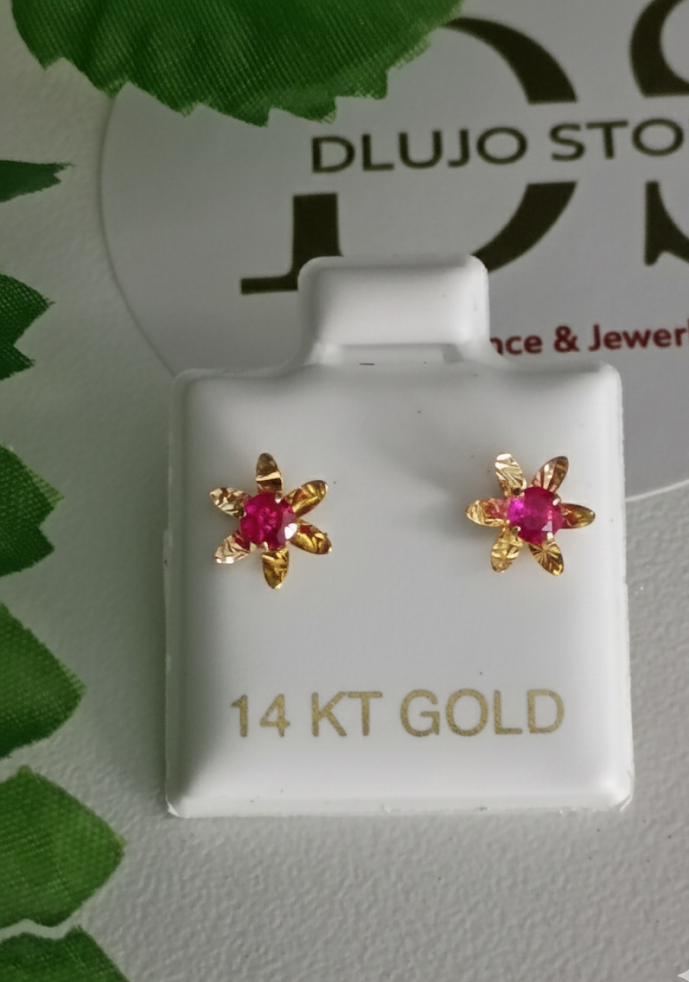 Aretes de Flor Roja en Oro 14K