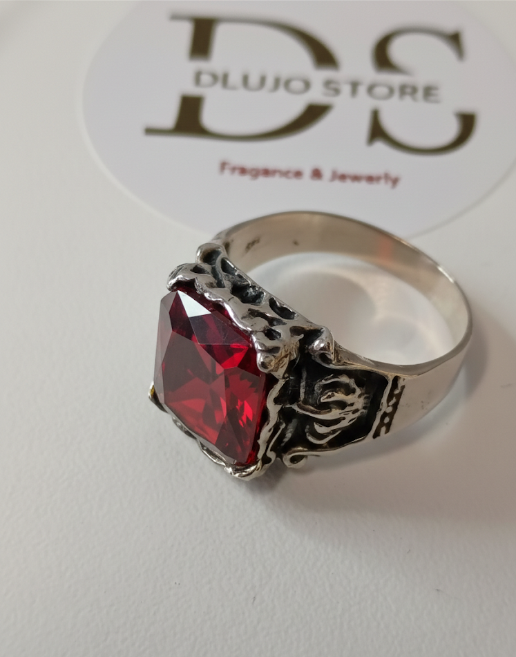 Red Carved Crystal Ring in 925 Sterling Silver