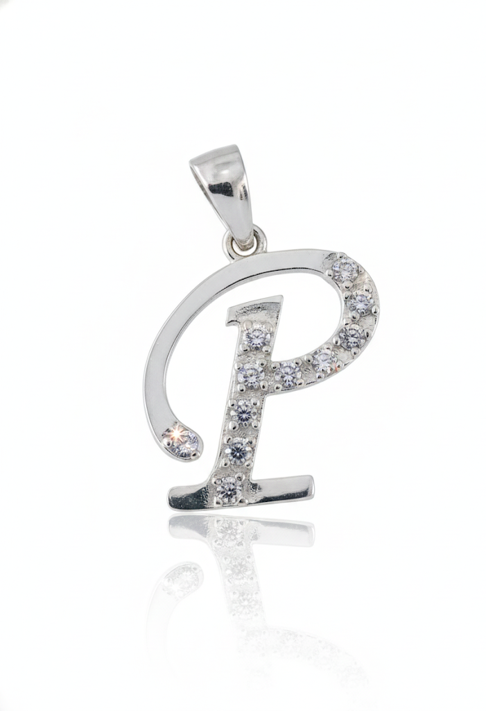 Initial Letter “P” Pendant in 925 Sterling Silver with Cubic Zirconia