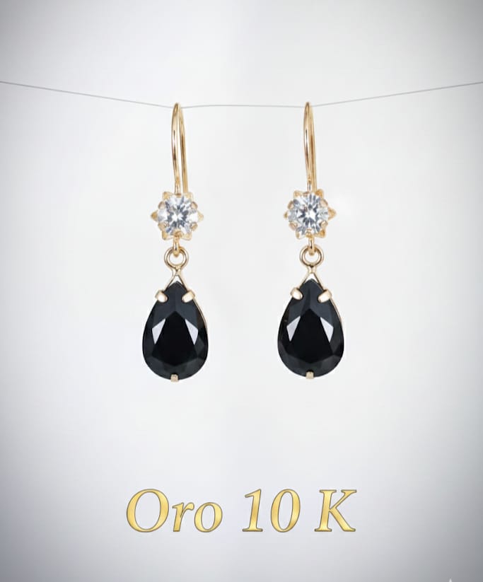 Aretes Colgantes Gota Negra en Oro 10K