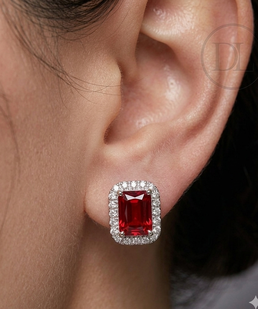 Elegancia Atemporal con Circonias Rojas y Halo de Brillantes