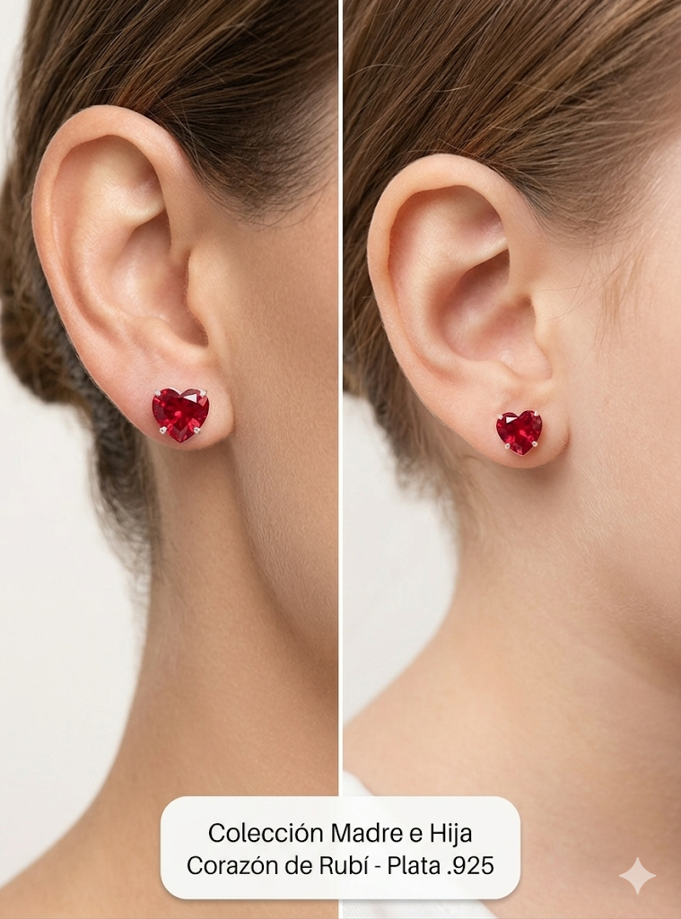 Aretes Corazón de Circonia Roja Rubi– Colección Madre e Hija