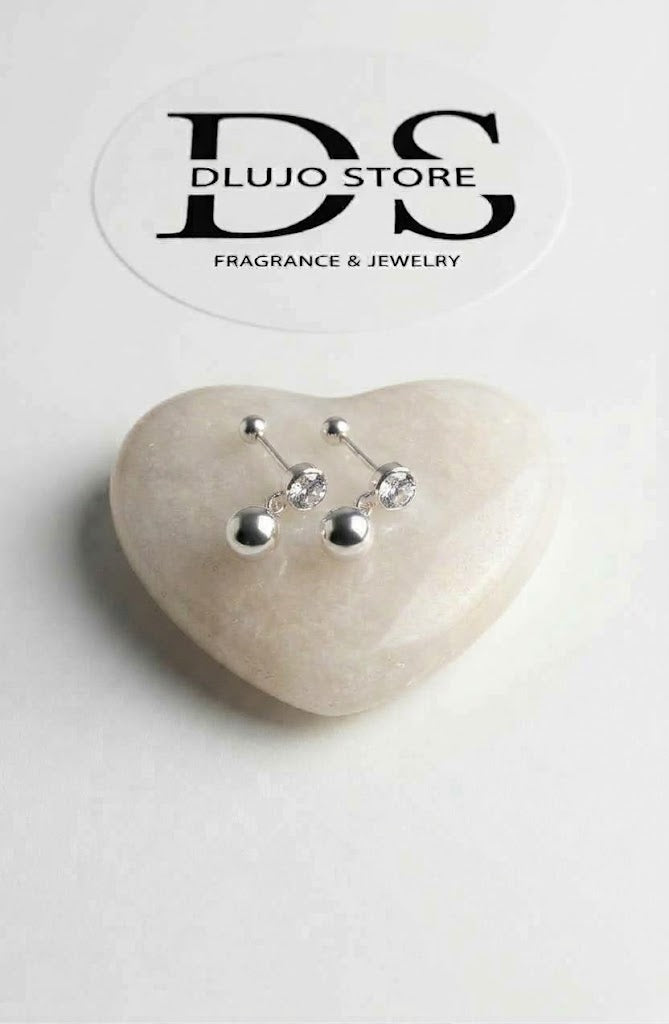 Aretes de Plata Ley 925 con Circonia y Esfera Colgante