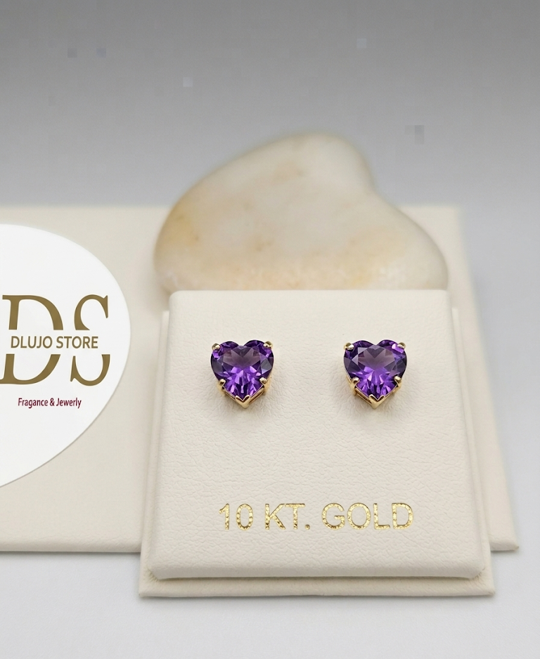 Broqueles Corazón Amatista en Oro de 10KT