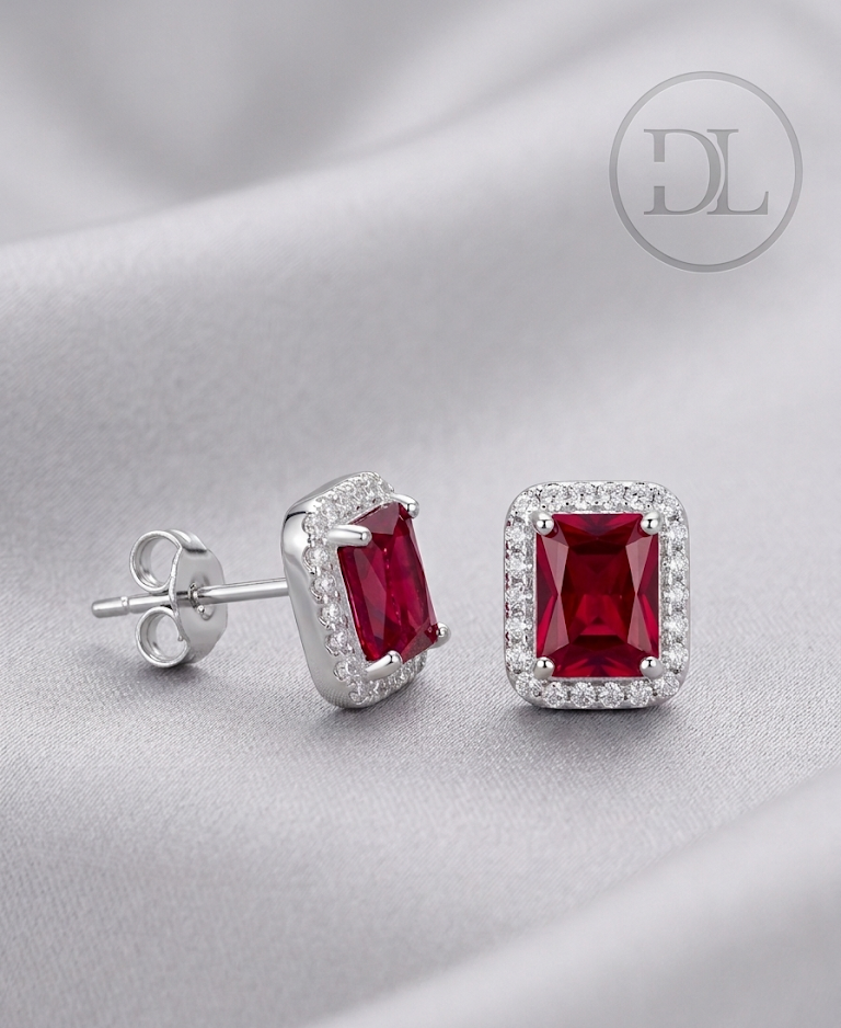Elegancia Atemporal con Circonias Rojas y Halo de Brillantes