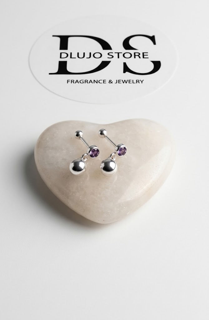 Aretes de Plata Ley 925 con Circonia y Esfera Colgante